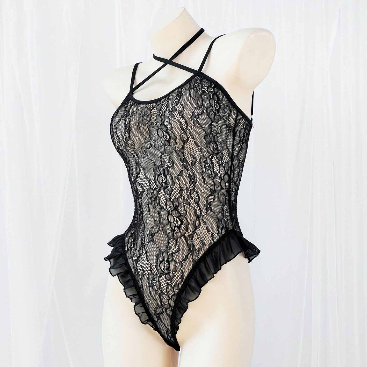 Femboy wear black lace translucent bodysuit lingerie for femboy