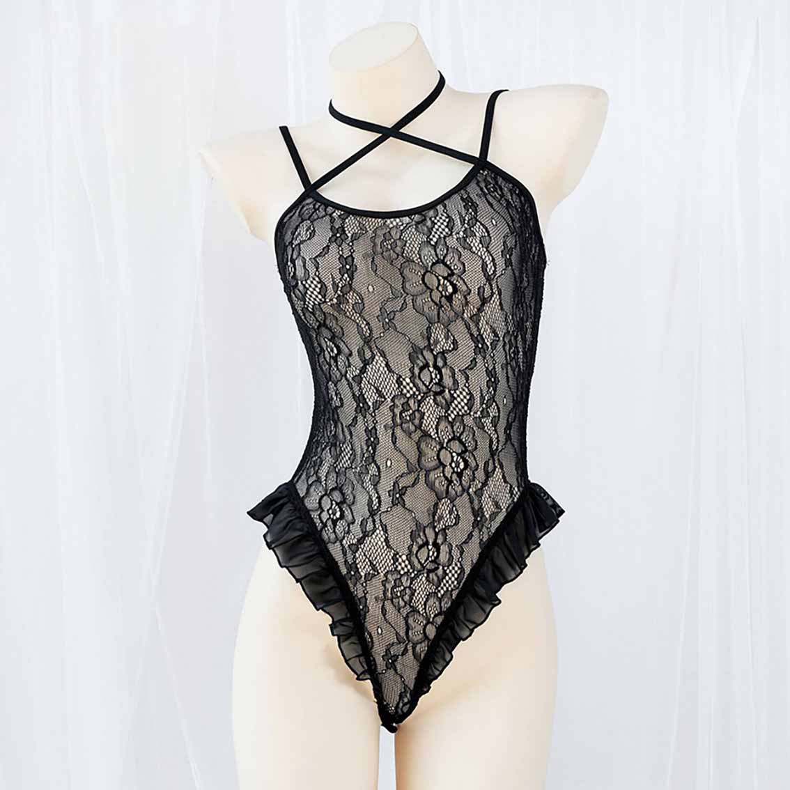 Femboy wear black lace translucent bodysuit lingerie front