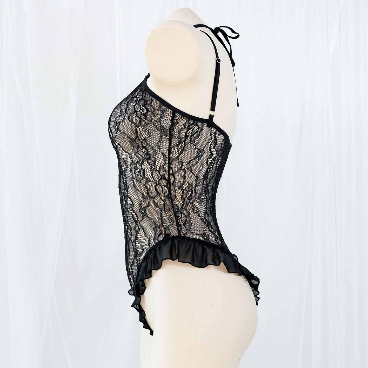 Femboy wear black lace translucent bodysuit lingerie side