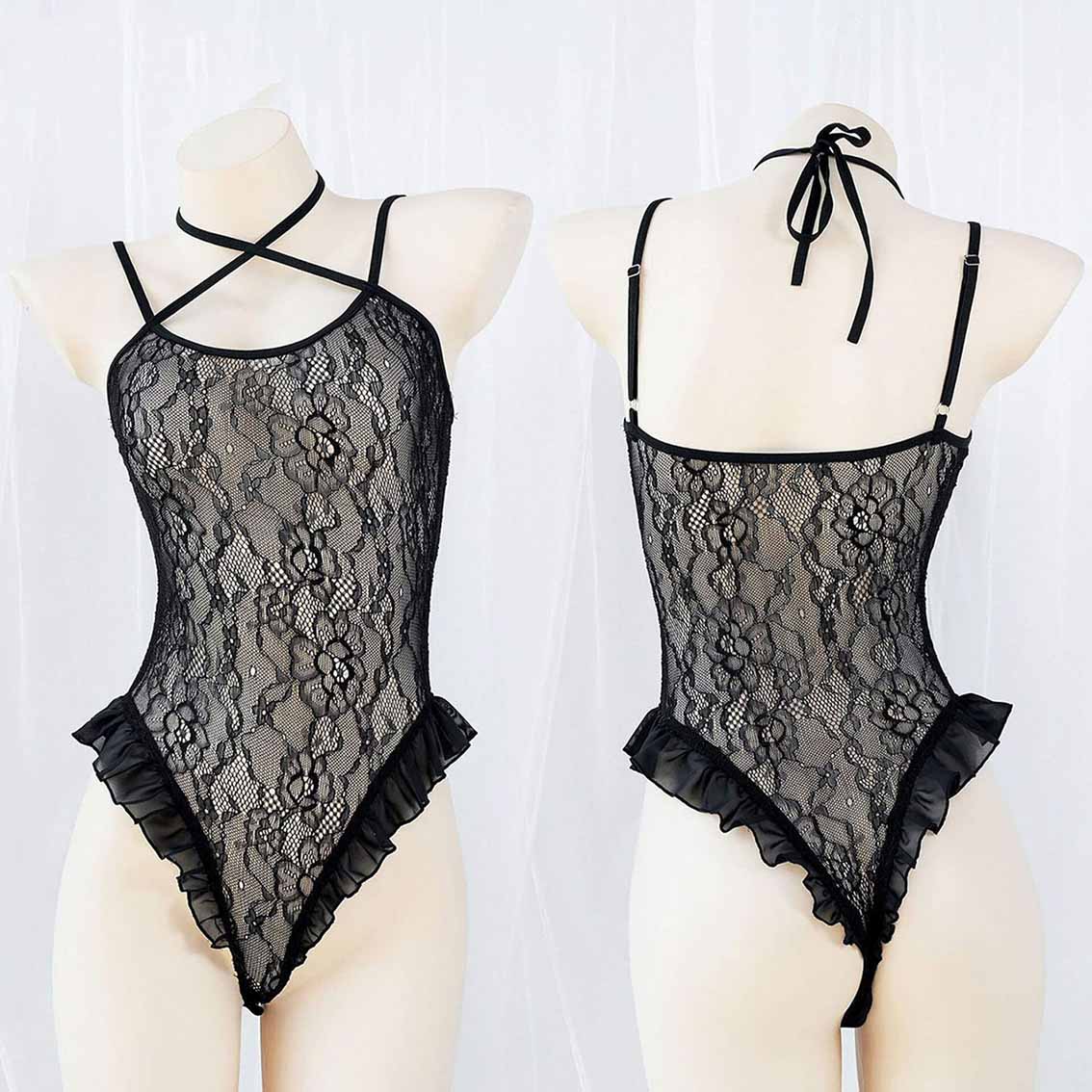 Femboy wear black lace translucent bodysuit lingerie