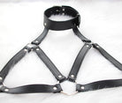 Femboy wear black leather body bondage harness set detail