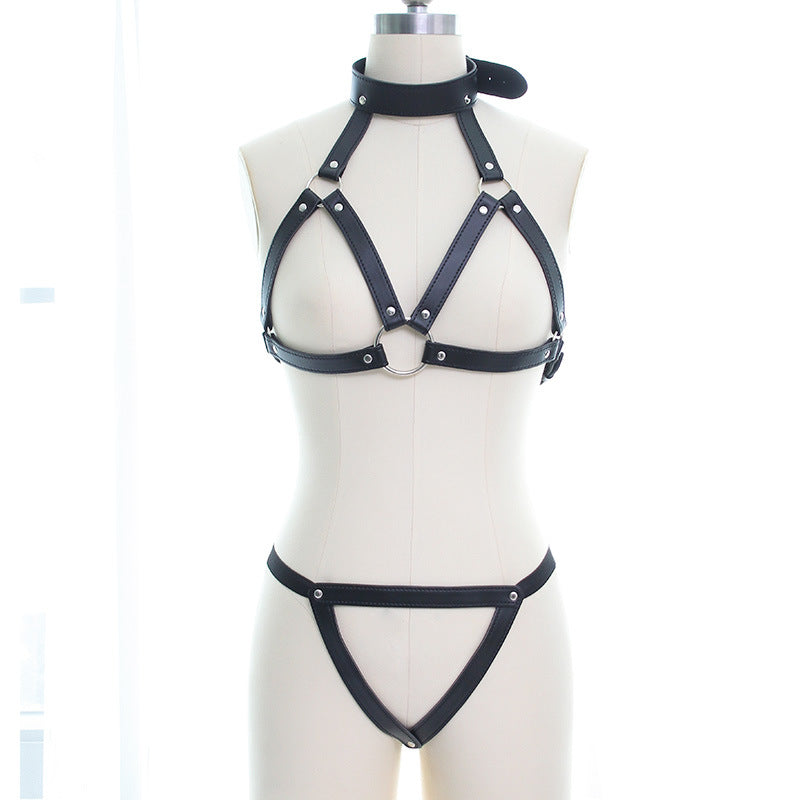 Femboy wear black leather body bondage harness set for femboy fashion