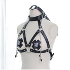 Femboy wear black leather body harness and nipple clamps femboy fashion