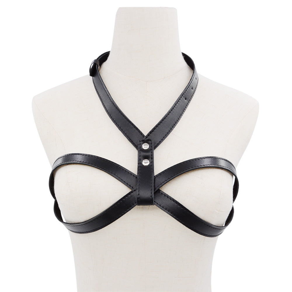 Femboy wear black leather cage bra harness