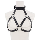 Femboy wear black leather harness cage bra with chain