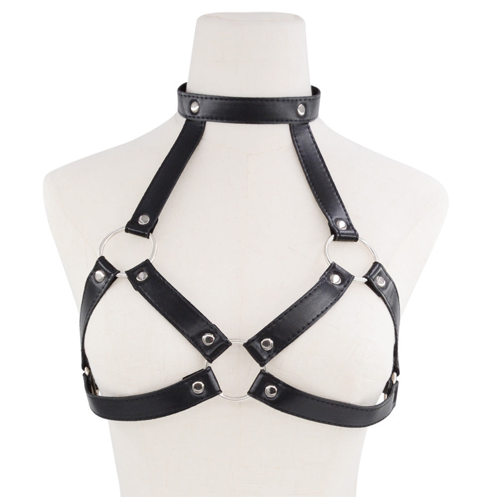 Femboy wear black leather harness cage bra