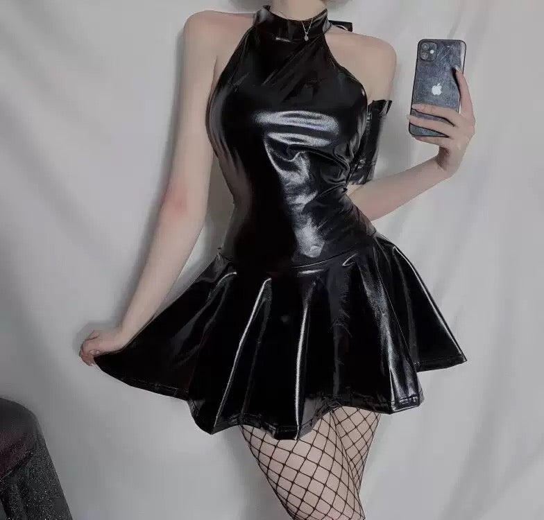 Femboy wear black leather lingerie dress with bow