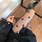 Femboy wear black polka dot sheer pantyhose detail