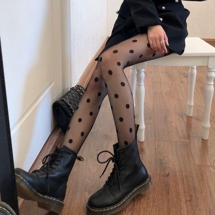 Femboy wear black polka dot sheer pantyhose side