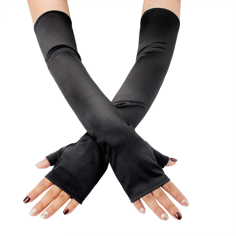 Femboy wear black satin fingerless gloves