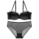 Femboy wear black sexy satin half cup bra and panty set