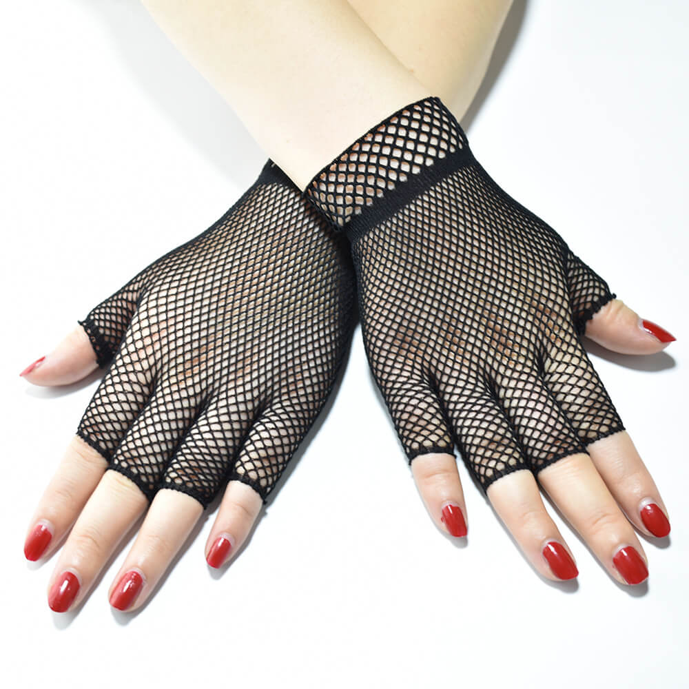 Femboy wear black short fishnet half finger gloves