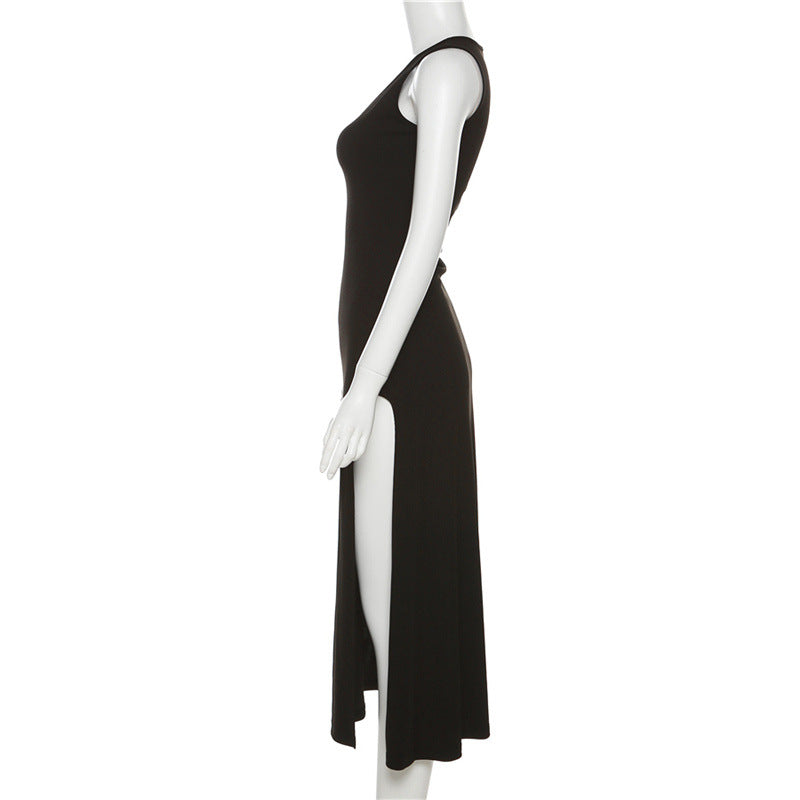 Femboy wear black sleeveless side slit maxi dress side