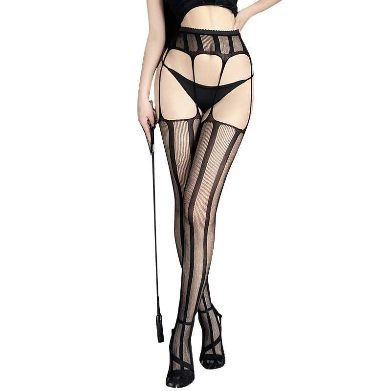 Femboy wear black striped suspender pantyhose front