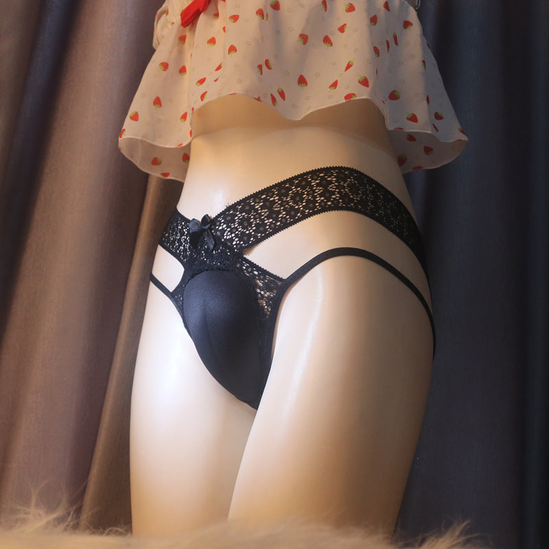 Femboy wear black sweet lace double strapped cameltoe panty