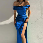 Femboy wear blue elegant off the shoulder prom dress with slit