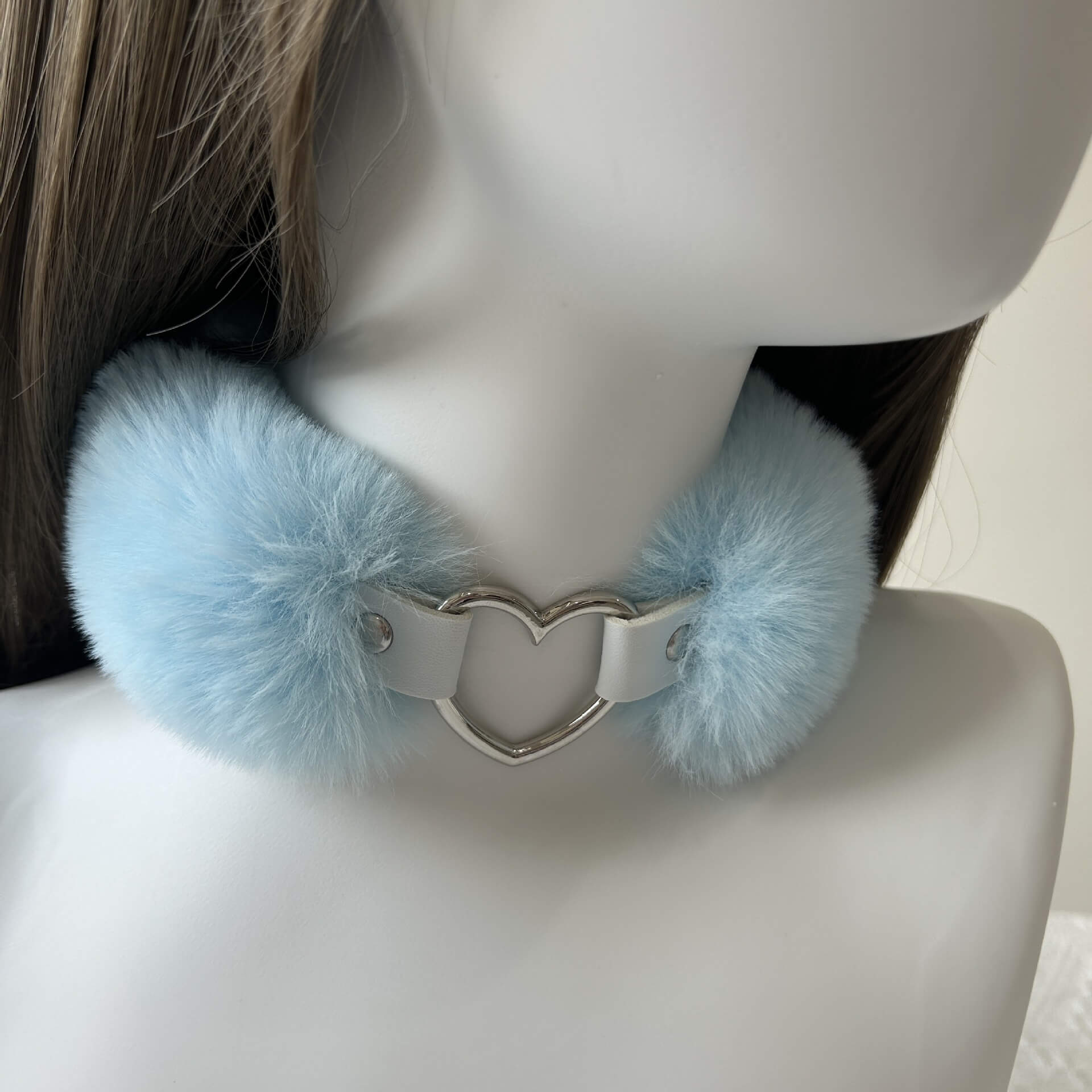 Femboy wear blue sexy fur heart choker