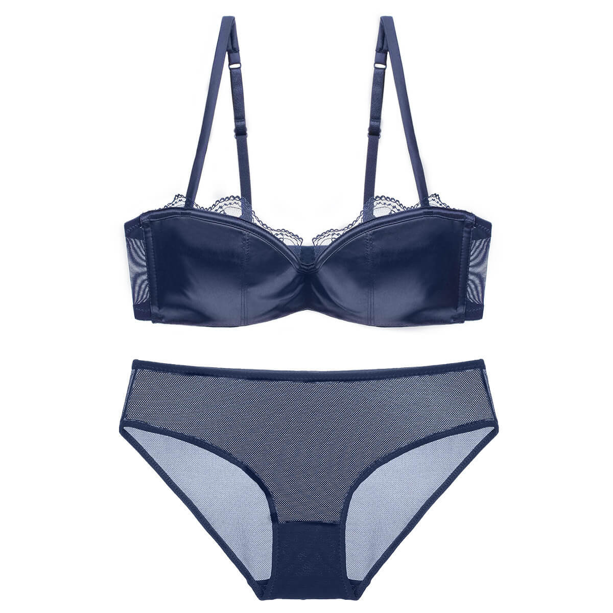 Femboy wear blue sexy satin half cup bra and panty set