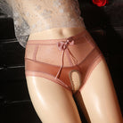 Femboy wear brown high waist lace crotchless panties with bow