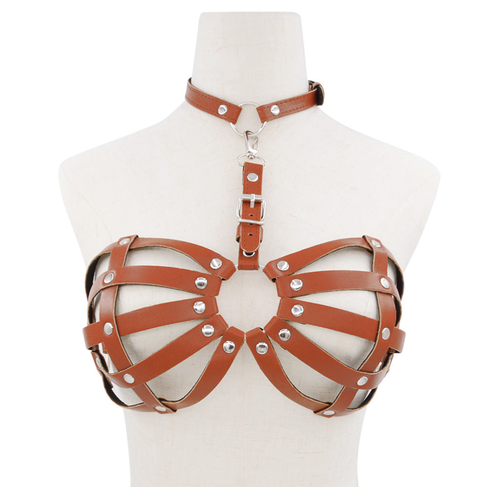 Femboy wear brown leather cage bra bondage