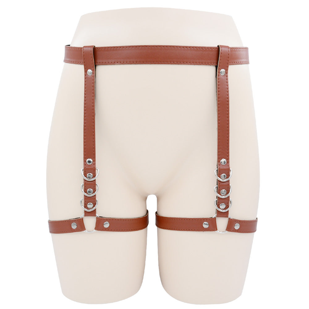 Femboy wear brown leather garter belt leg harness