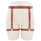 Femboy wear brown leather garter belt leg harness