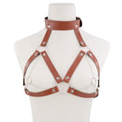 Femboy wear brown leather harness cage bra with chain