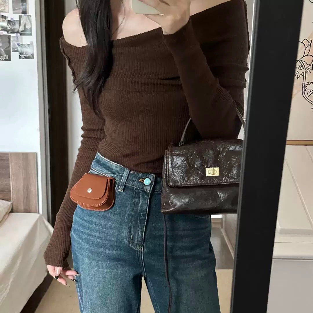 Femboy wear brown off shoulder knit fitted pullover front