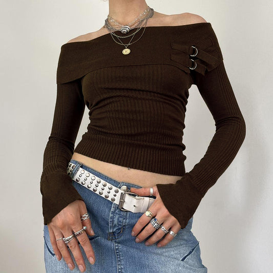 Femboy wear brown off shoulder knit fitted pullover front