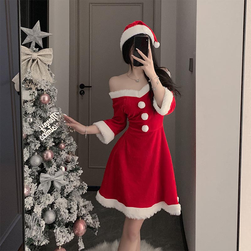 Femboy wear christmas off shoulder dress femboy fashion