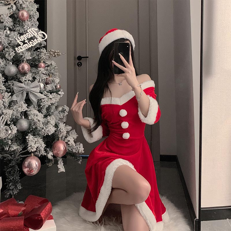 Femboy wear christmas off shoulder dress for femboy