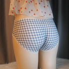 Femboy wear cotton blue plaid panty with silicone pussy back