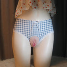 Femboy wear cotton blue plaid panty with silicone pussy front