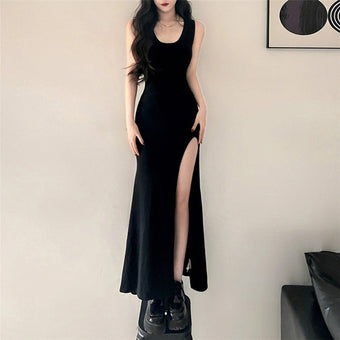 Black Sleeveless Side-Slit Femboy Maxi Dress