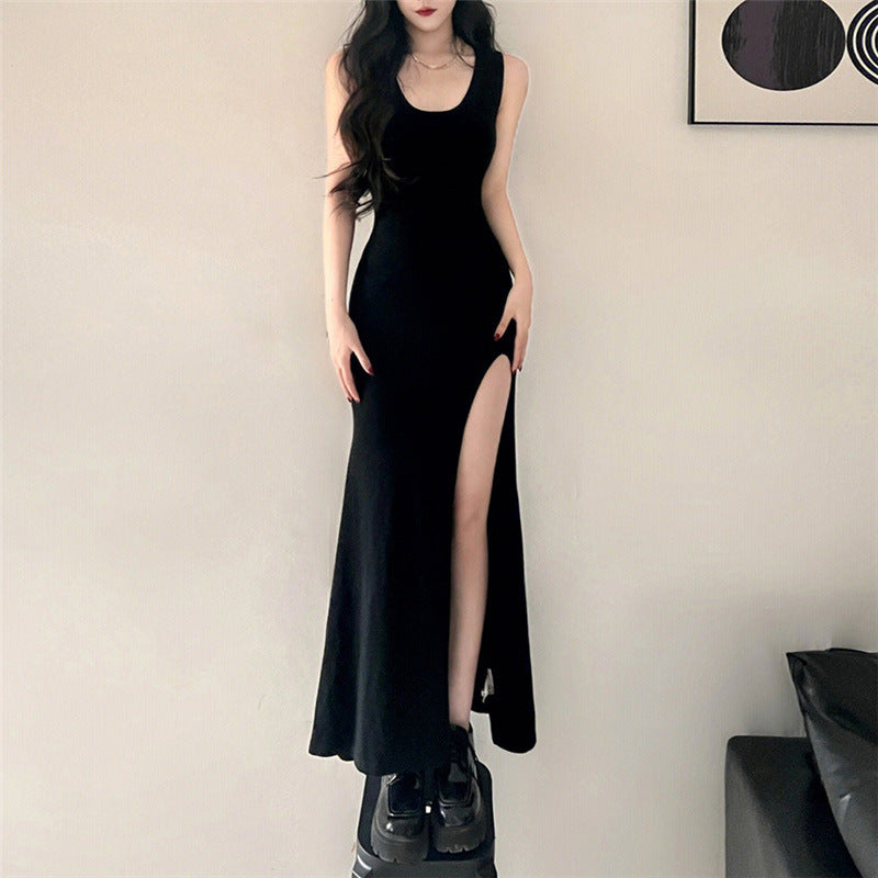 Femboy wear cute black sleeveless side slit maxi dress