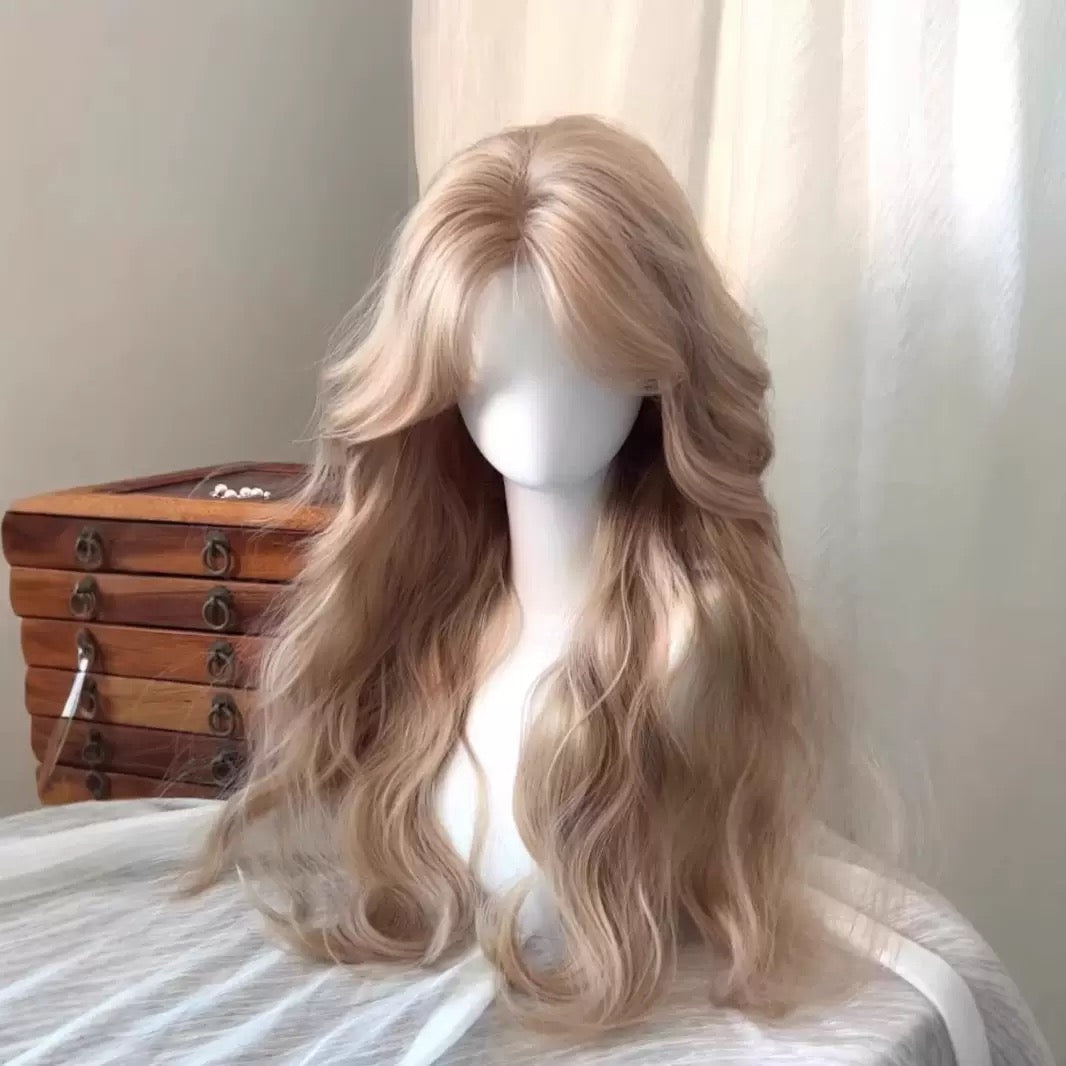 Femboy wear cute femboy honey blonde water wave wig with bangs