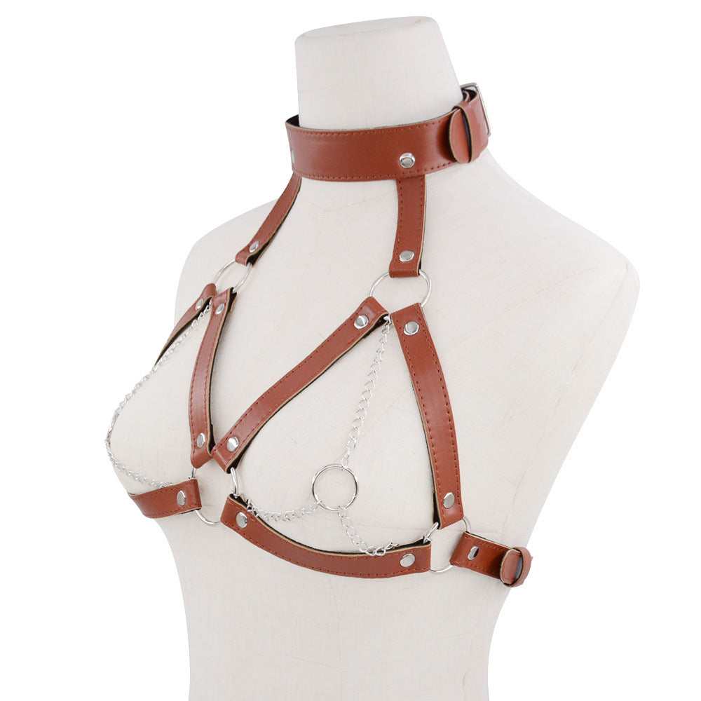 Femboy wear cute leather harness cage bra with chain