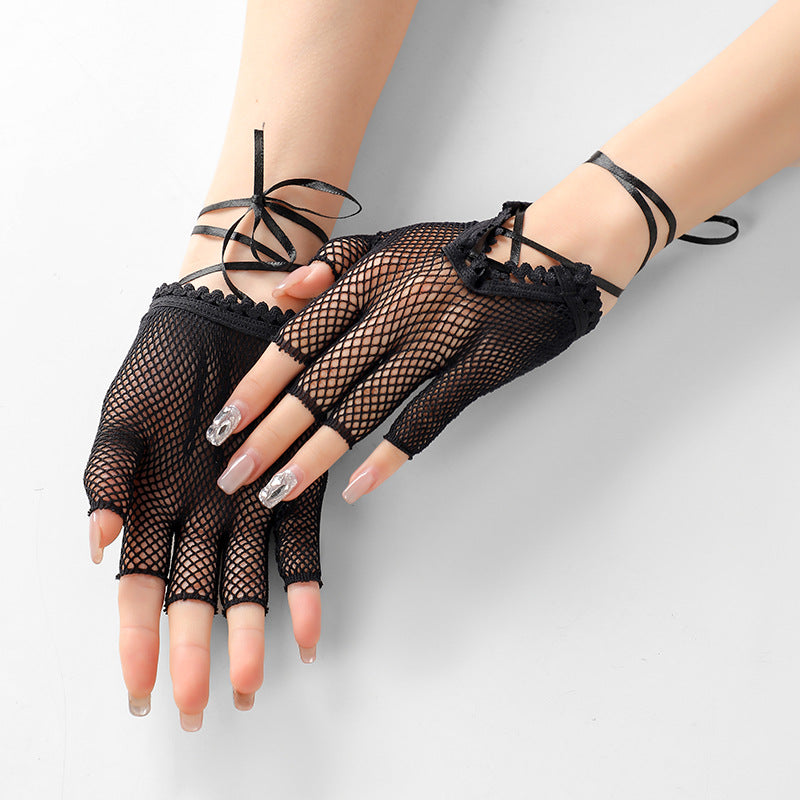 Femboy wear cute long fishnet half finger gloves