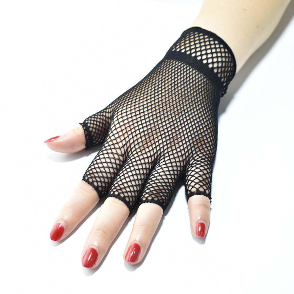 Femboy wear cute short fishnet half finger gloves