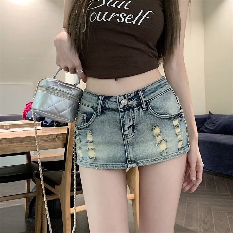 Femboy wear distressed denim mini skirt