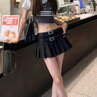 Femboy wear double belt black pleated mini skirt detail