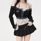 Femboy wear double belt black pleated mini skirt front