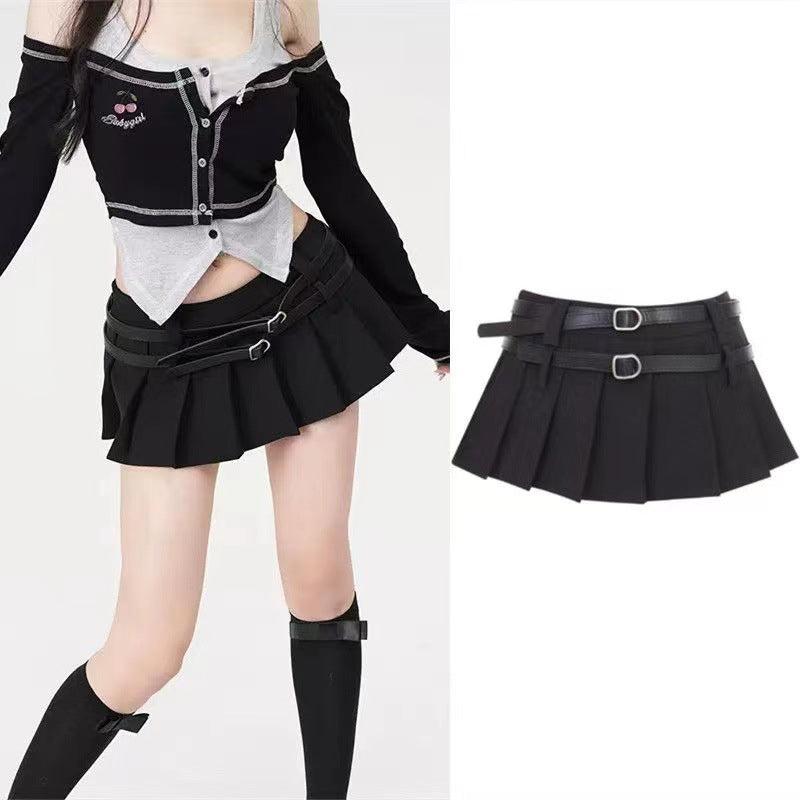 Femboy wear double belt black pleated mini skirt side