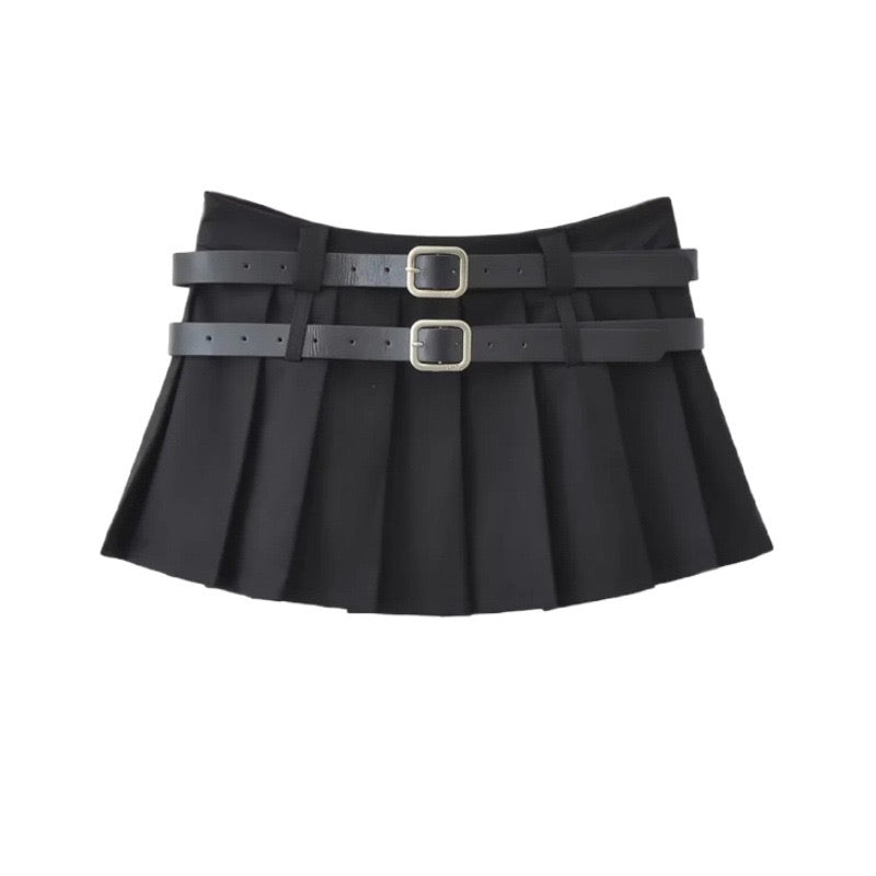 Femboy wear double belt black pleated mini skirt