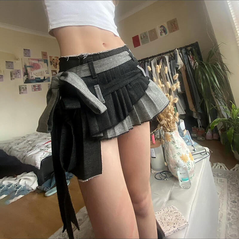 Femboy wear double belted denim skirt