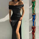 Femboy wear elegant off the shoulder prom dress with slit