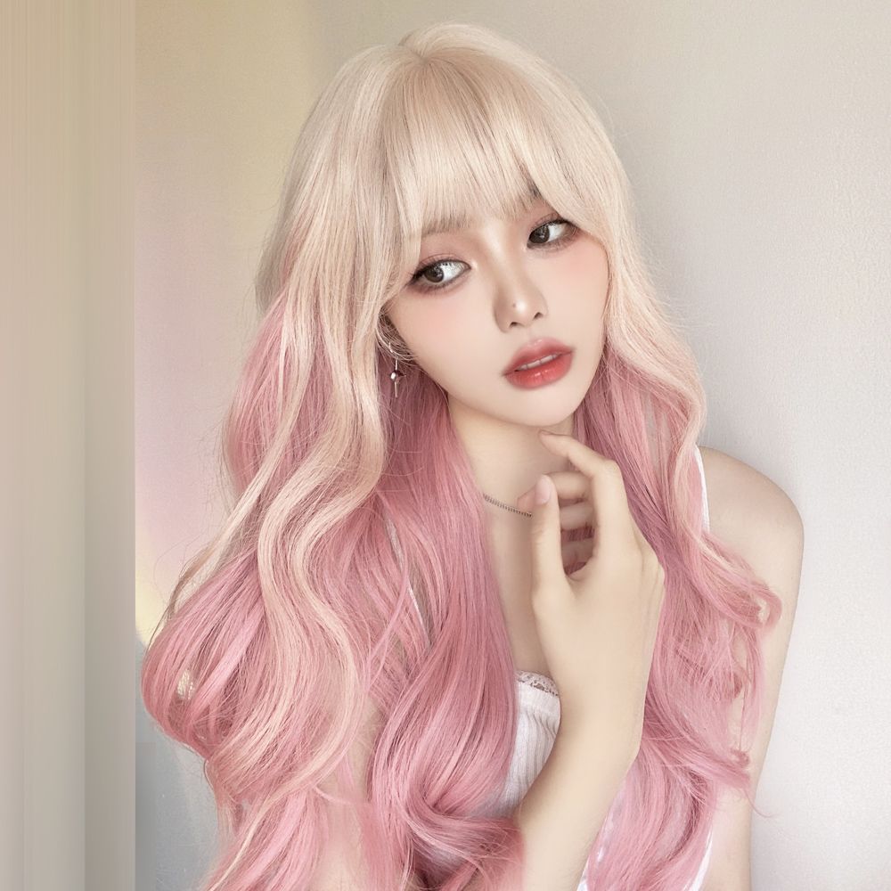 Femboy wear femboy 613 blonde and pink gradient body wave wig front