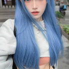 Femboy wear femboy ash blue long straight wig with bangs femboy fashion