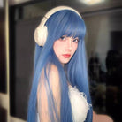 Femboy wear femboy ash blue long straight wig with bangs side