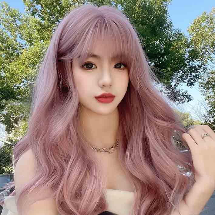 Femboy wear femboy ash pink body wave wig with bangs for femboy